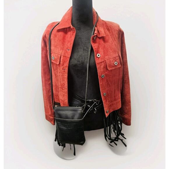 Vtg Y2K Express 100% Genuine Suede Moto Jacket Button Down XS Red Biker - Picture 10 of 10